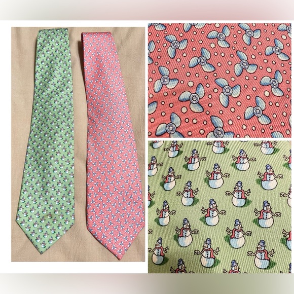 Vineyard Vines Set of 2 Ties Green with Snowmen Holiday Christmas Office Party - Picture 1 of 7